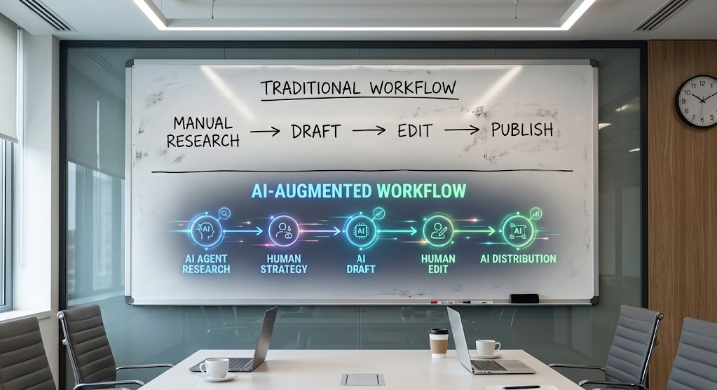 Before and after workflow table comparing human-only vs AI-augmented marketing processes.