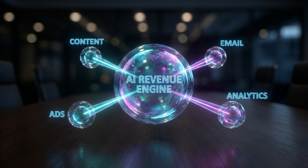 How AI tools integrate into email, social, ads, content, analytics, and CRM for a unified revenue system.