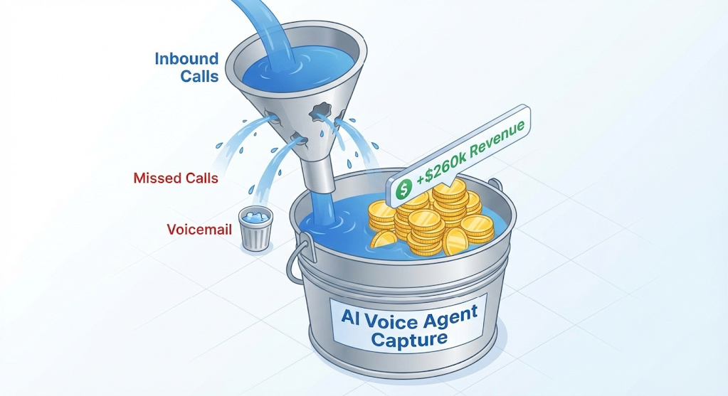Leaky bucket funnel illustration demonstrating how AI voice agents capture the 62% of missed calls that usually result in lost revenue for SMBs.