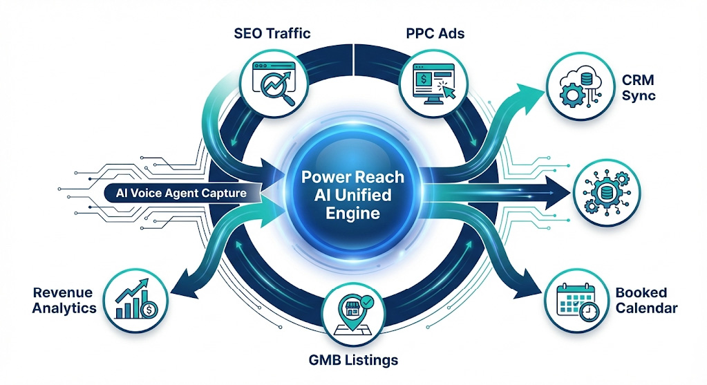 Power Reach AI Unified Growth Engine showing how AI voice agents connect marketing traffic directly to CRM revenue without human intervention
