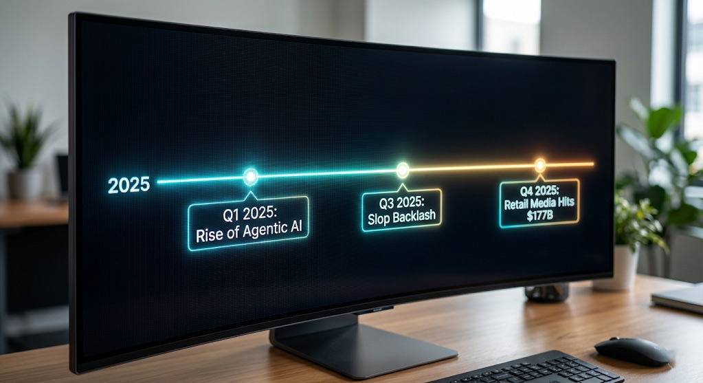 Timeline graphic of key AI tool launches and ecosystem shifts in 2025 leading into 2026.