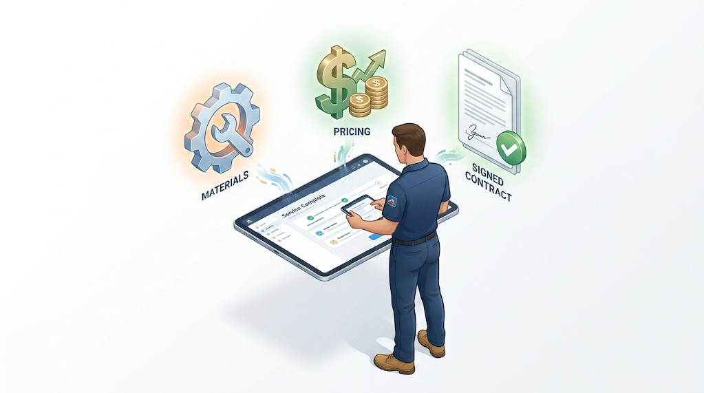 HVAC technician generating a dynamic quote and instant PandaDoc digital contract on a tablet.