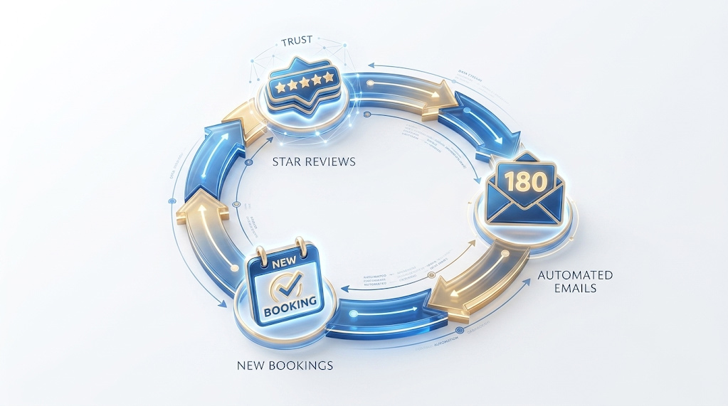 Automated 180-day customer follow-up and review generation flywheel for home service businesses