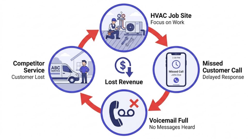 Service business AI workflow diagram showing the missed call cycle: technician on job site, phone goes to voicemail, customer calls competitor, job is lost — with a red arrow loop illustrating revenue leakage.