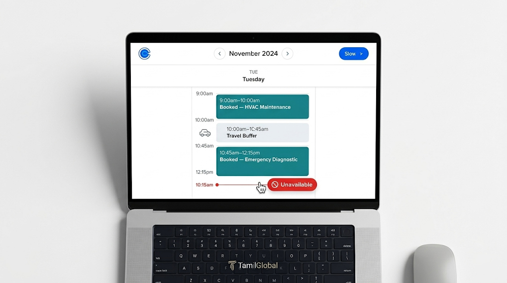 Calendly Standard scheduling calendar screenshot mockup showing two booked service appointments separated by a 45-minute greyed-out travel buffer block, with a third attempted booking being blocked by the system