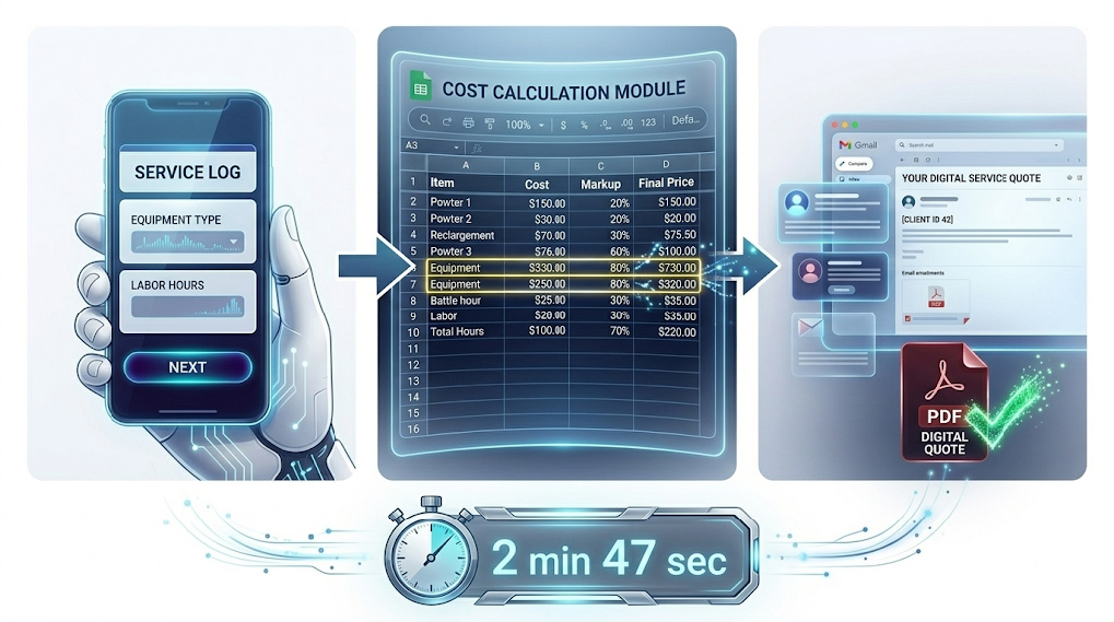 Service business AI quoting workflow diagram showing a Google Form on a mobile phone feeding into a Google Sheets price list via Zapier, which outputs a branded PDF quote emailed to a homeowner, all within three minutes