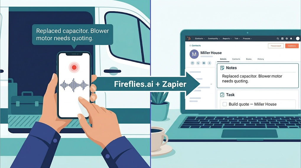 Service business AI voice-to-CRM 2026 workflow showing a field technician speaking into a phone inside a service van after a job
