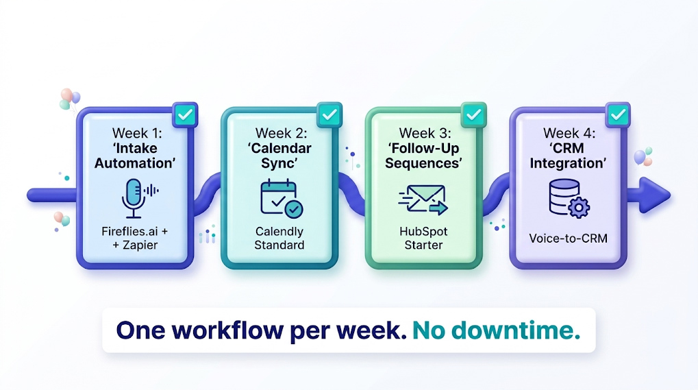 Four-week service business AI implementation roadmap showing Week 1 intake automation, Week 2 calendar sync