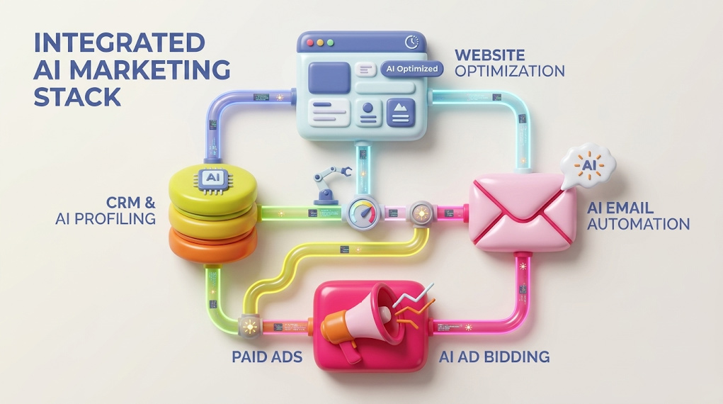 AI paid ads optimization showing automated budget routing, asset testing, and cost reduction