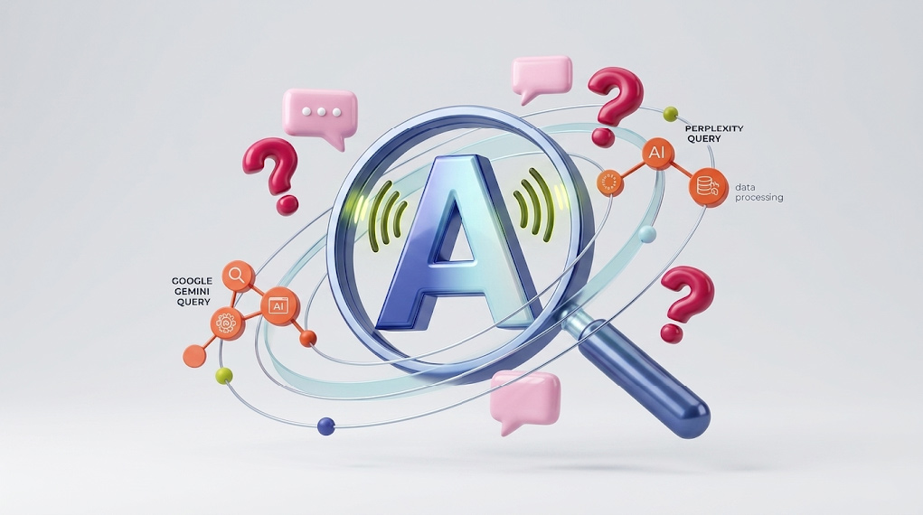 Answer Engine Optimization (AEO) showing conversational search queries processed by AI models