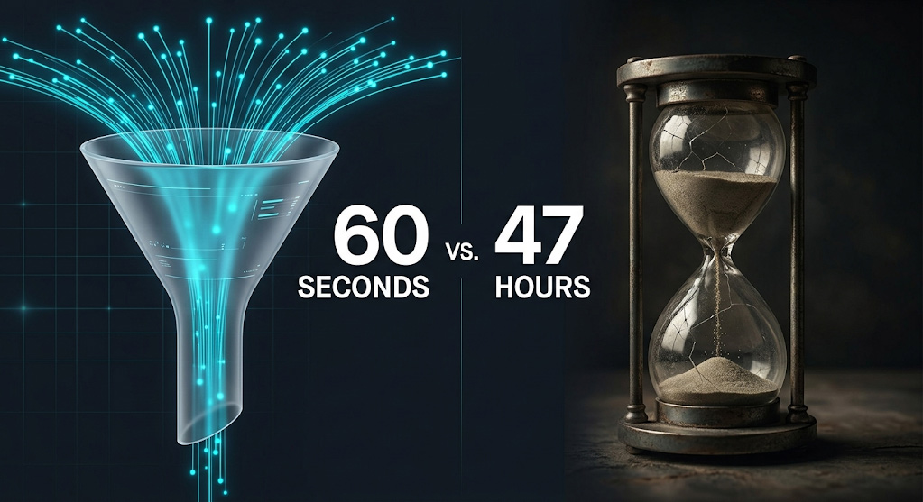 High contrast B2B automation comparison chart showing a 60-second AI lead response time versus a 47-hour manual legacy workflow delay