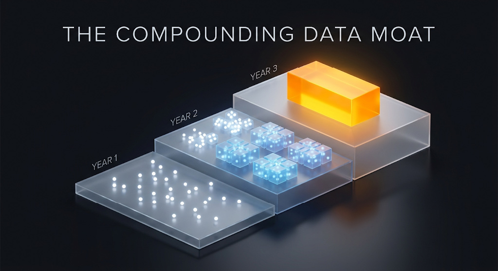 3D isometric data graph illustrating the 3-year compounding machine learning capital and data moat generated by small business AI automation