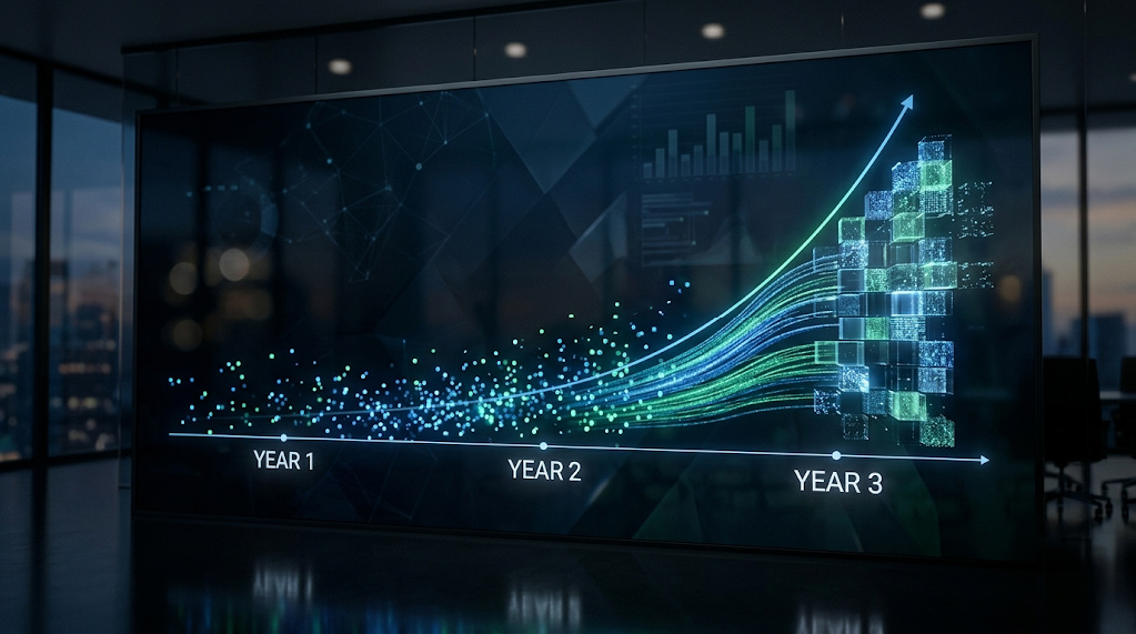 Abstract multi-year digital roadmap visualization demonstrating compounding first-party customer data and machine learning capital