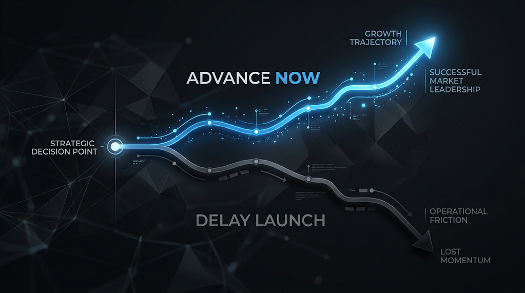 Strategic 90-day business execution pathway matrix comparing immediate AI automation growth against operational delay and lost traffic