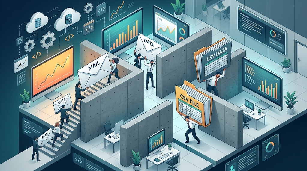 Isometric illustration of a small business team struggling with data silos due to fragmented systems