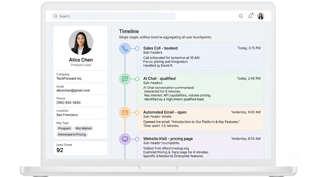 UI mockup of a centralized customer management dashboard timeline showing aggregated buyer touchpoints