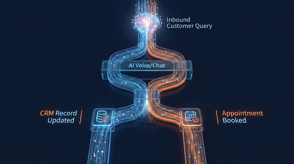 digital flow diagram showcasing a high-efficiency lead management strategy where an AI powered